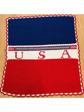 Handmade Crochet Blanket Afghan USA Throw Knit Red White Blue America READ